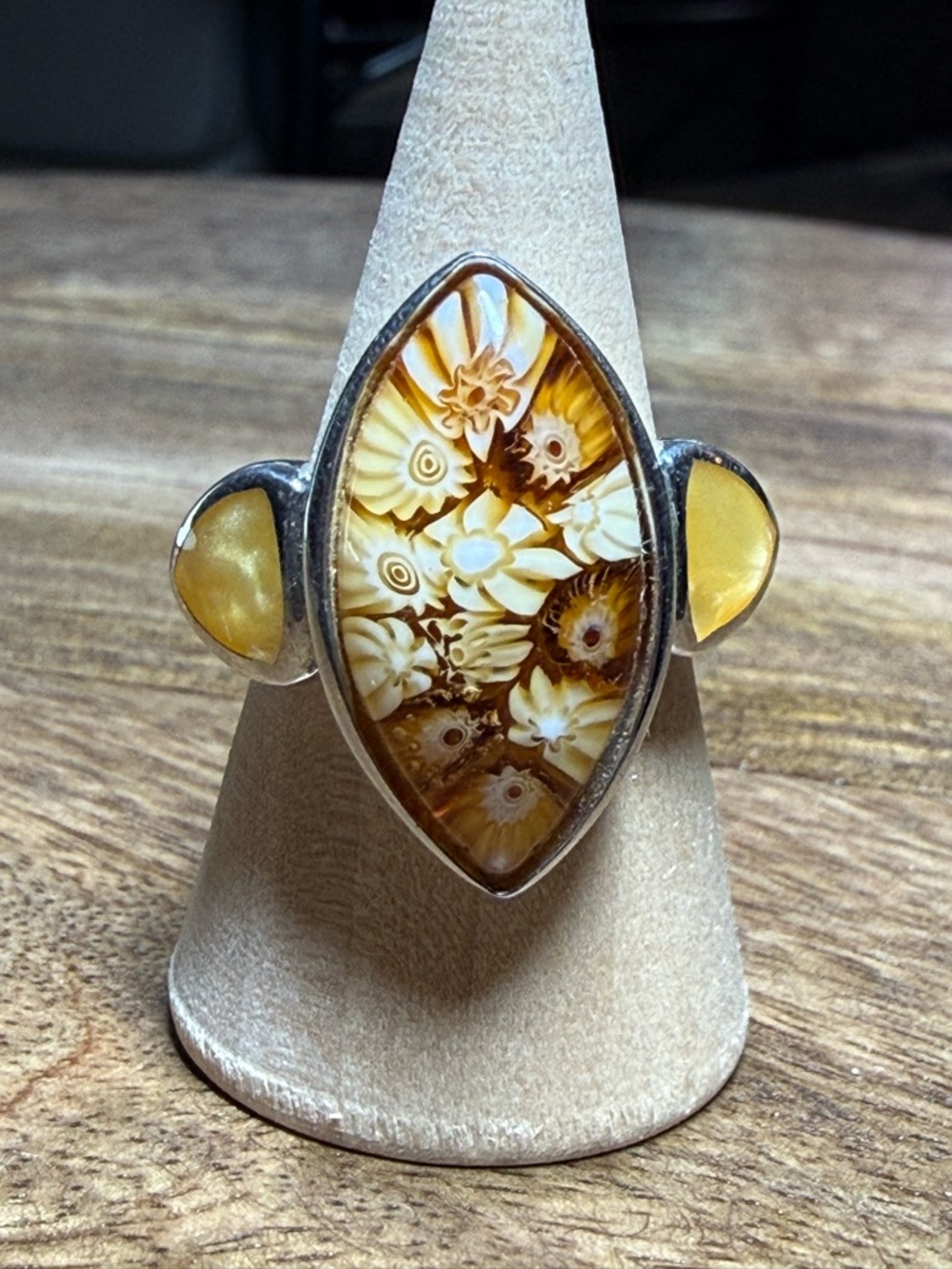 Alan K Yellow Floral Mosaic Glass Sterling Silver Ring